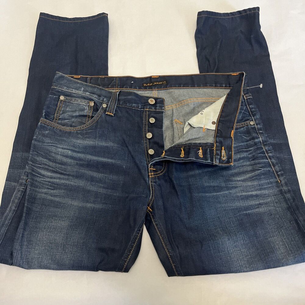 NUDIE JEANS Men's Big Bengt Jeans Nordic Ice Blue Cotton Button Fly Size 36x32